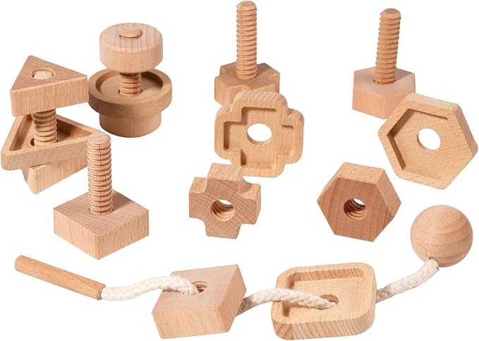 Wooden Screw and Nut Playset for Kids Ages 3,4,5,Montessori Shape Sorting Toy, Lacing Beads, Preschoolers Activities, Building Construction Screw Matching, for Boys Girls