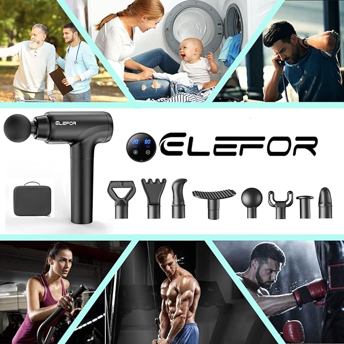 Elefor Massage Gun Deep Tissue,Percussion Back Massager Gun for Athletes Muscle Massage Gun for Pain Relief with 8 Massage Heads & 20 Speeds (Matte Black)