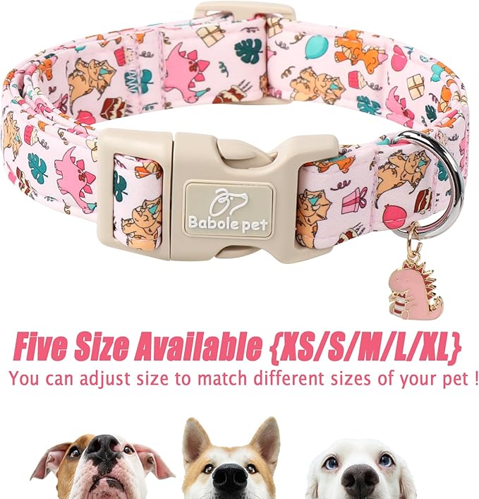 Cute Dinosaur Dog Collar, Adjustable Pink Dino Dog Collars for Puppy Small Dogs, Lightweight Quick-Release Buckle Birthday Collar for Boy&Girl Dogs XS