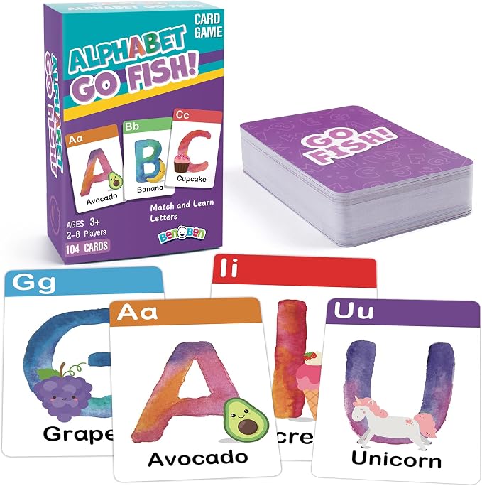 BenBen Alphabet Go Fish Card Game for Kids,104 Cards, Oversized ABC Learning Playing Cards, Memory Matching Games, 2-8 Players, Ages 3 and up, Easter Basket Stuffers, Stocking Stuffers