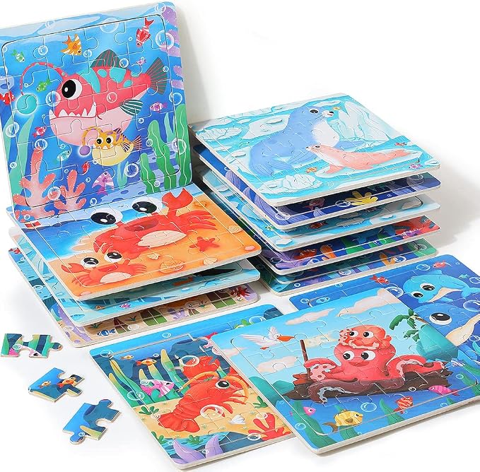 GRINNNIE Wooden Puzzle for Toddlers 3 4 5 Years Old, 12 PCS Jigsaw Ocean Animals Puzzles Preschool Learning Toys for Travel or Car, Birthday for Boys and Girls