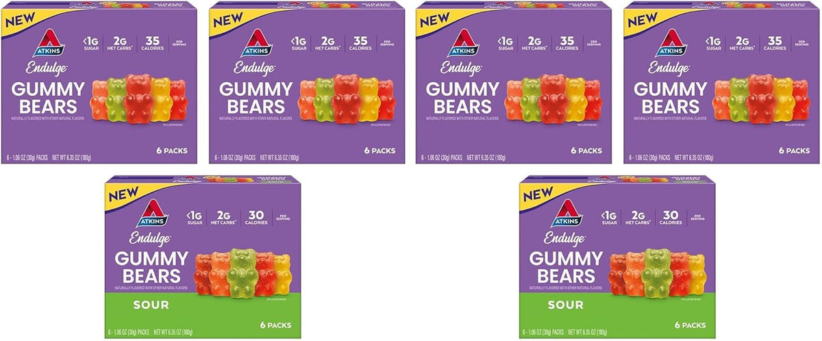 Atkins Endulge Gummy Bears Variety Pack, Low Sugar, Keto Friendly Candy, 18 Pack (12 Sweet Gummy Bears, 6 Sour Gummy Bears)