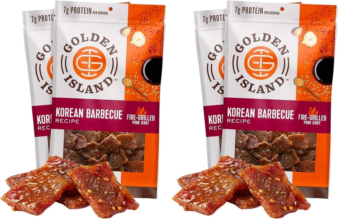 Golden Island Korean BBQ Pork Jerky - (2 Pack) 9 oz Resealable Bag - Fire-Grilled Specialty Meat Snack - Sweet & Savory Protein Snack - 7g Protein per Serving - Made with 100% All-Natural Pork
