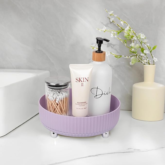 Anyoifax Makeup Perfume Organizer Tray 360 Degree Rotating Lazy Susan Skincare Lotion Organizer Spinning Cosmetics Storage for Dresser, Vanity, Bathroom Countertop, Small Purple