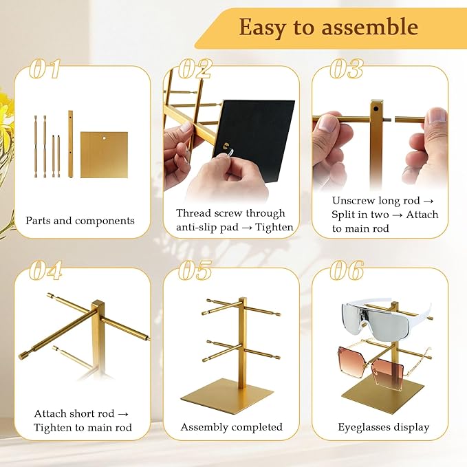 2-Tier Sunglass Display Stand,Sunglasses Organizer, Titanium Brushed Eyeglass Holder Stand, Gold Sunglasses Rack for Homes, Offices, Boutique Shops(PATENT PENDING