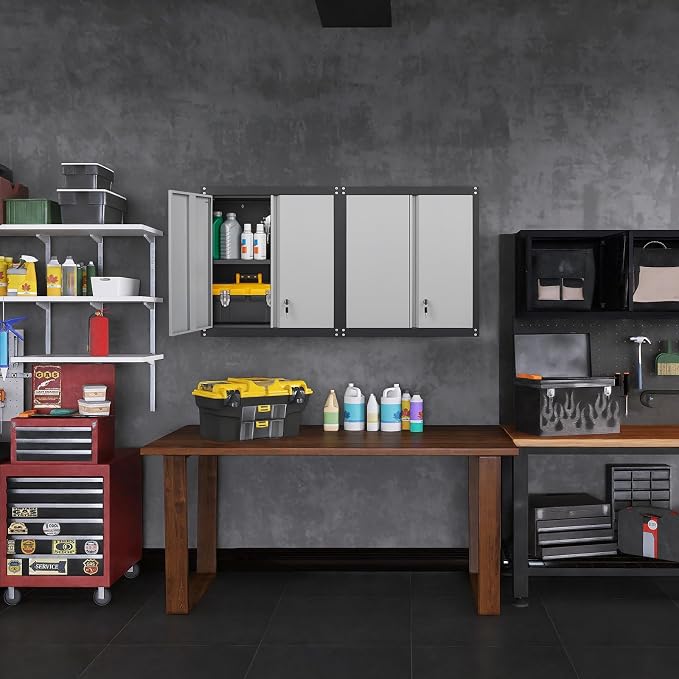 GREATMEET Lockable Storage Cabinet, Metal Garage Storage Cabinets, Metal Wall
