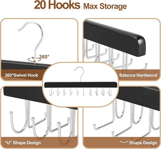 TOPIA HANGER 20 Hooks 2 in 1 Belt Tie Hanger for Closet Max 30 Belts with 30 Ties Capacity, Belt Tie Racks Wooden Hanger for Closet Organizer Storage “U” Fit for Belt and “一” Fit for Tie - CT47B