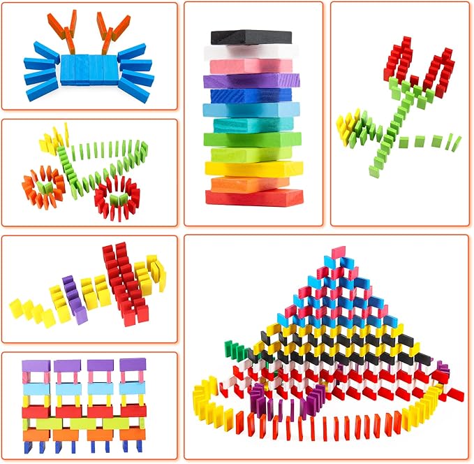 WOOD CITY 1000 Piece Dominoes Set for Kids with Extra 20 Blocks, Colorful Dominos Tiles for Building, Stacking, Racing, Tumbling, Wood Domino with Storage Bag and Box, Educational Toy