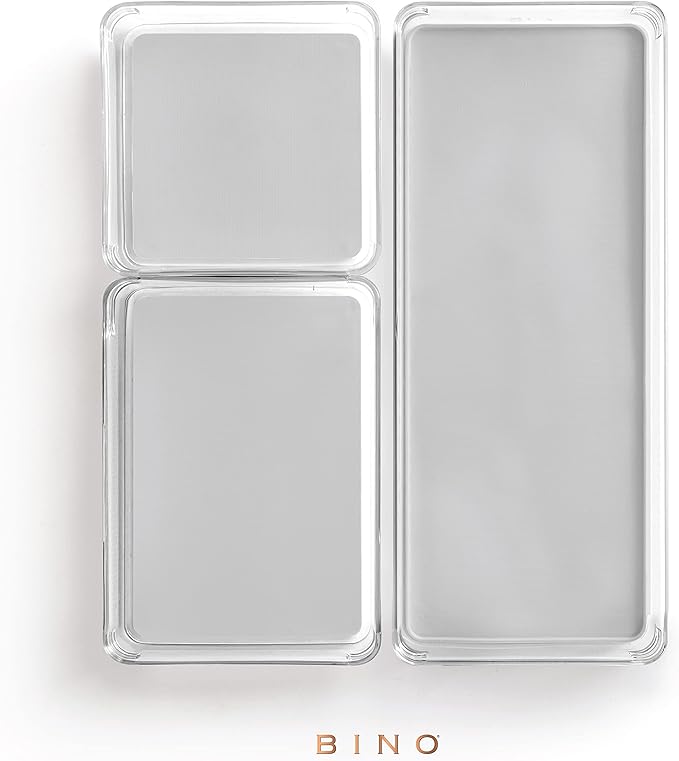 BINO | 3-Piece Drawer Organizer Bin Set - Grey, Large | THE MODULAR+ | Multi-Purpose Storage | Soft-Grip Lining and Non-Slip Rubber Feet | Durable | BPA-Free | Desk Drawer Organizer | Vanity Organizer