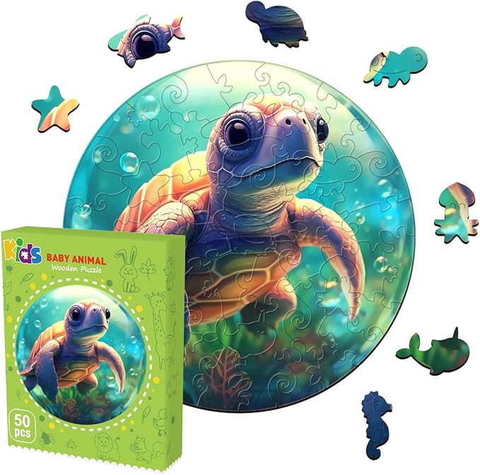 Wooden Puzzles for Kids Ages 4-8, Sea Turtle Puzzle, Unique Animal Shaped Wooden Jigsaw Puzzles for Kid, 50 Pieces Puzzles for Kids(50pcs,11.4 * 11.4in)