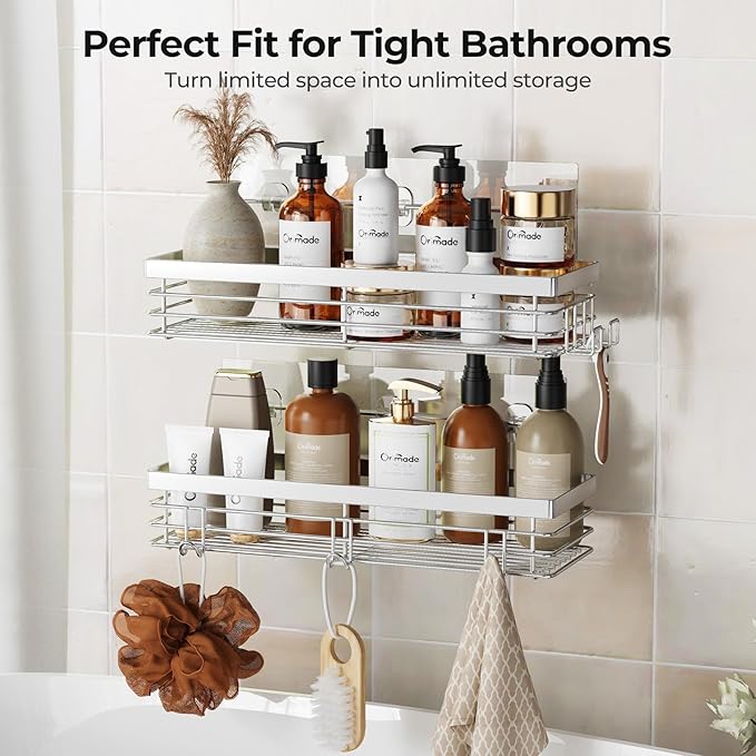 Orimade Shower Caddy with 5 Hooks Organizer for Hanging Razor and Sponge Bathroom Basket Adhesive Shower Shelf Storage Kitchen Rack Wall Mounted No Drilling Rustproof Stainless Steel - 2 Pack