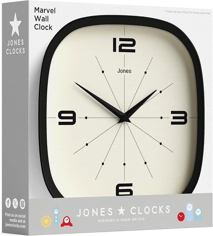 JONES CLOCKS® Pulsar wall Clock | Square Rounded Retro Clock | 10 inch | Black