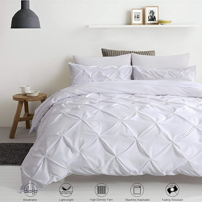 Pinch Pleated Duvet Cover Set 100% Cotton 3PC Super King Size 98x108 Duvet Cover Set, Decorative Pinch Design White Duvet Cover with Matching Pillow Case