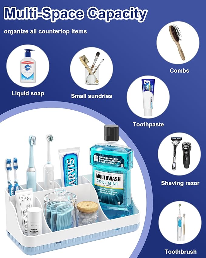 Bathroom Counter Organizer and Storage, 7 Slots Detachable Toothbrush Holders for Bathrooms, Anti-Slip Electric Toothbrush and Toothpaste Holder Countertop Vanity Organizer Accessories for Adults Kids