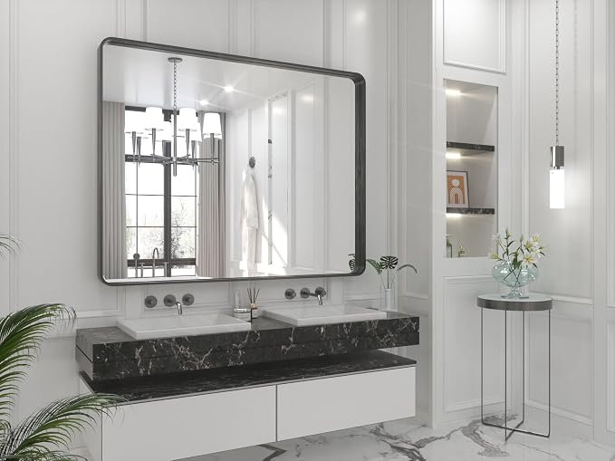 TETOTE 48 x 40 Inch Black Frame Mirror, Bathroom Vanity Mirror