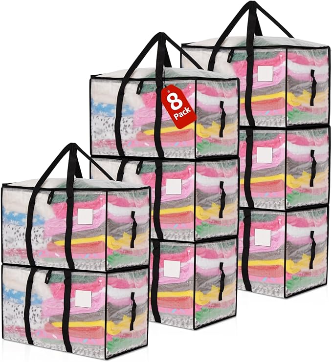 Moving Bags Heavy Duty Extra Large, Alternative for Moving Boxes & Moving Supplies,Clear Storage Bins with Lids, Plastic Packing Tote, Storage Bags for Clothes with Handles & Zippers(Clear, 8 Pack)