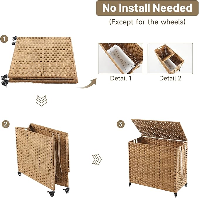 Laundry Hamper with Wheels, 34.3 Gallon(130L) Rolling Laundry Basket with Lid, Removable Large 2 Color Liners & 3 Mesh Laundry Bags, Clothes Hamper with Side Pocket, Natural