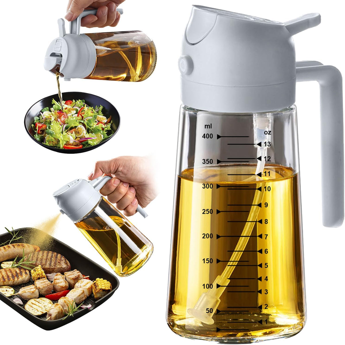 TrendPlain 16oz/470ml Glass Olive Oil Sprayer for Cooking – 2 in 1 Olive Oil Dispenser Bottle for Kitchen Gadgets and Air Fryer Accessories, Salad, BBQ - Black
