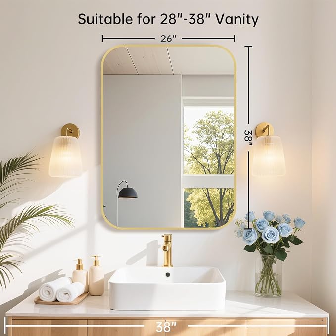 26x38 Inch Gold Bathroom Mirror, Brushed Brass Gold Metal Framed Rectangular