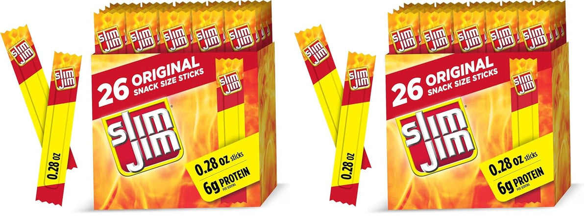 Slim Jim Smoked Meat Sticks, Original Flavor, 6g Protein Per Serving, Snack Size, 0.28 oz. (26 Count)