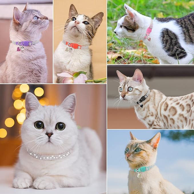 Rhinestone Cat Collar Breakaway with Bell, Diamond Cat Collar with Safety Buckle Quick Release for Girl Boy Small Kitten Pets Puppy,Cute Soft Female Male Cat Collars, Color Purple 8-12"