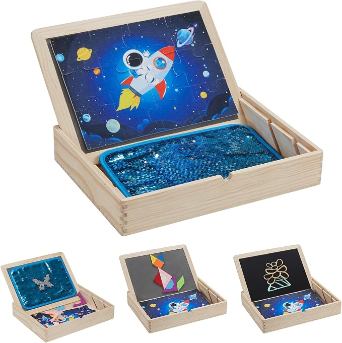Sensory Board for Toddlers & Kids – Wooden Sensory Sequin Box with Flip Mats, Space Felt Puzzle & Tangram | Montessori Sensory Toy for Calm Down Corner, Autism, Classroom & Daycare