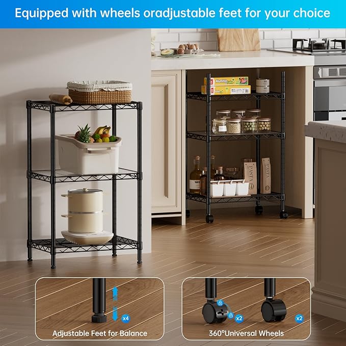 SINGAYE 3 Small Shelves Storage Shelf Wire Shelving Unit Metal Shelf Adjustable Organizers Storage Shelving with Wheels for Bathroom Laundry Room Kitchen Pantry11.5”D x 17.3”W x 30”H Black