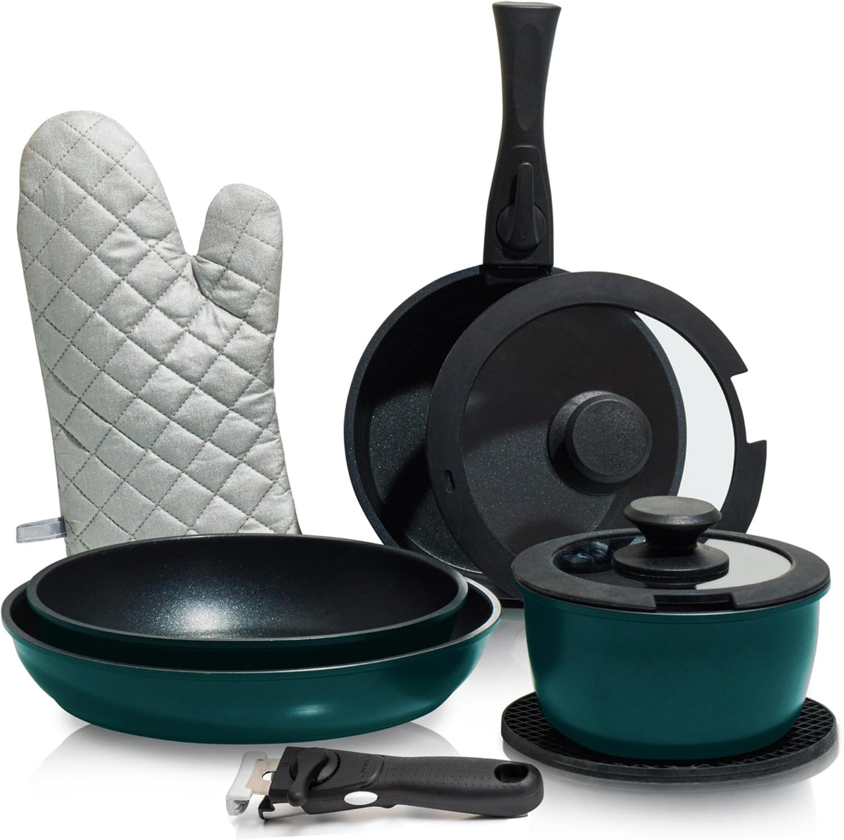 Moss & Stone Copper Pots And Pans Set Nonstick, Removable Handle Cookware, Stackable Pots And Pans Set, Dishwasher safe, Induction Pots And Pans, Camping Cookware Set, Aluminum (7 Pcs)