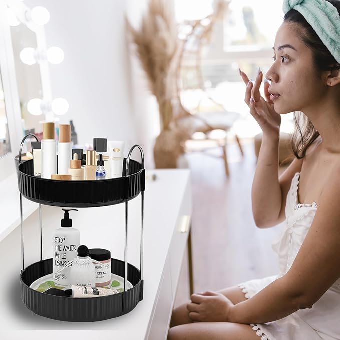 Rotating Makeup Organizer Countertop 2 Tier Lazy Susan Trays Spinning Skincare Perfume Storage for Bathroom Counter Vanity, Black