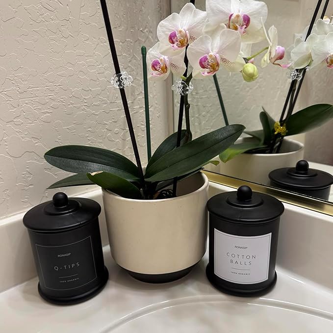 Qtip Holder & Cotton Pad Dispenser, Bathroom Organizer and Storage Canisters, 16oz Glass Apothecary Jars for Kitchen, Restroom - Home Decor Accessories, Room Decor Aesthetic (2 Pack, Black)