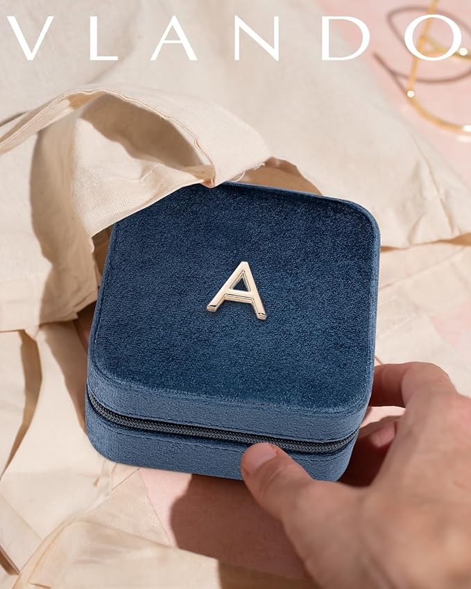 Vlando Teacher Must Haves, Personalized Initial Jewelry Case, Back to School Gift, Teacher Appreciation Gift, Travel Jewelry Case with Initial - Letter E, Dark Blue