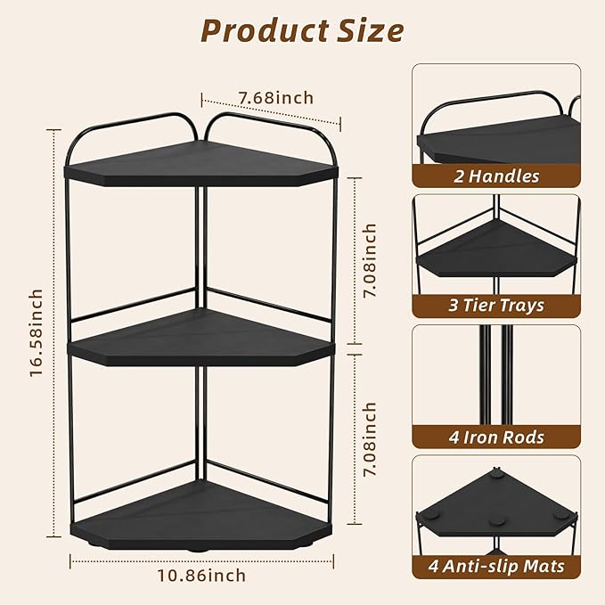 Corner Bathroom Counter Organizer, 3-Tier Wood Countertop Organizer for Perfume, Makeup Storage, Skincare Organizers for Vanity, Counter Corner Shelf for Kitchen, Bathroom, Dresser (Black)