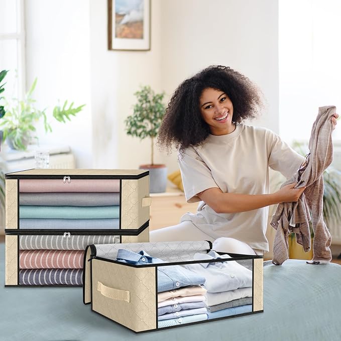 HomeHacks Storage 3-Pack Clothes Organizer Storage Bags Foldable Storage Box with Large Clear Window Sturdy Handles for Closet, Dorm, Pillows, Bedding, Clothes, Blankets, 35L, Beige
