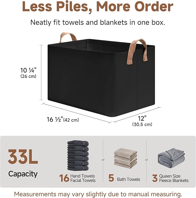 StorageWorks Storage Bins, Fabric Storage Bins for Shelves, Large Storage Baskets with Metal Frame, Closet Baskets and Bins with Handles, Black, 2-Pack