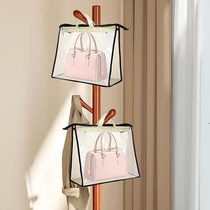 5 PCS Hanging Handbag Storage Organizer Non-Woven Transparent Dust-proof Homewares Purse Wallet Closet Storage Bag with Zipper and Handle (XL) 