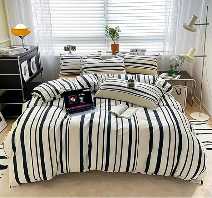 KAREVER Striped Comforter Set Full Black and White Comforter Men Women Modern Chic Stripes Bed Comforters Beige Black Striped Full Ticking Bedding Comforter Set All Season Hotel Quality Bed Set