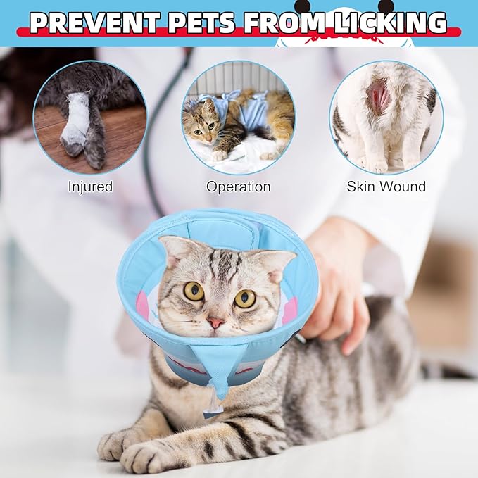 KOOLTAIL Cat Cone Collar, Adjustable Soft Comfortable Cat Recovery Collar to Stop Licking, Foldable Donut Water Resistant Pet Cone for Small Large Cats Kittens After Surgery Shark M