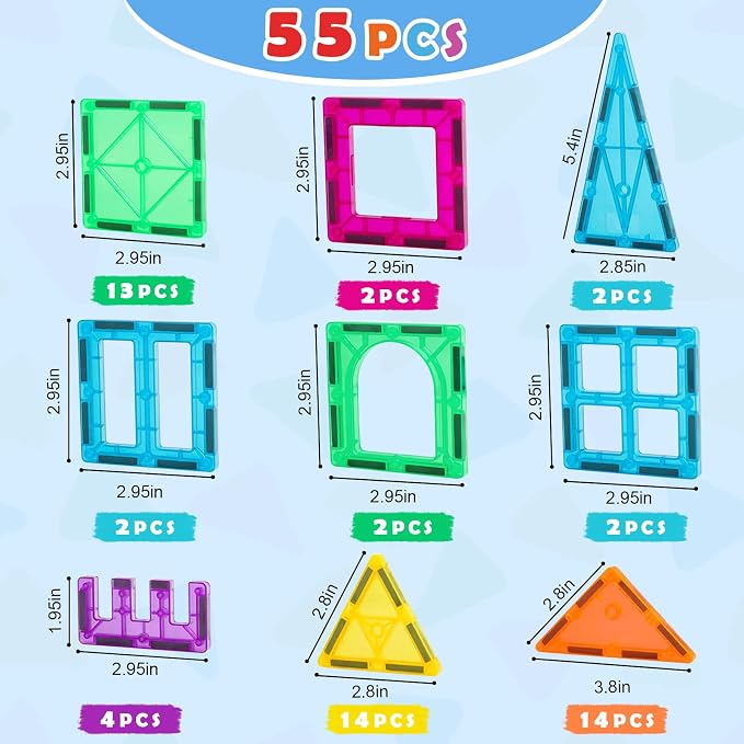 Gemmicc Magnetic Tiles, Magnet Toys Building Blocks for Kids, STEM Approved Educational Toys, Magnet Puzzles Stacking Blocks for Boys Girls,55 PCS Starter Set