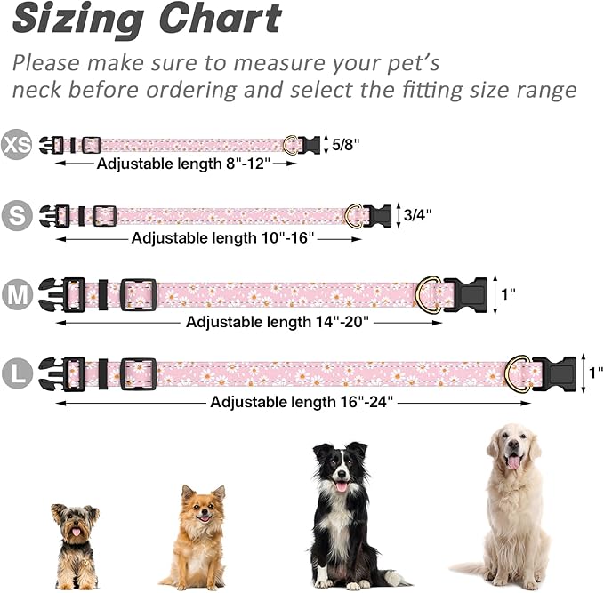 Reflective Dog Collar for Small Dogs, Cute Daisy Theme Adjustable Heavy-Duty Nylon Puppy Collar for Boy and Girl Female, Soft Pet Accessories with Quick Release Buckle, Neck 10-16", Pink