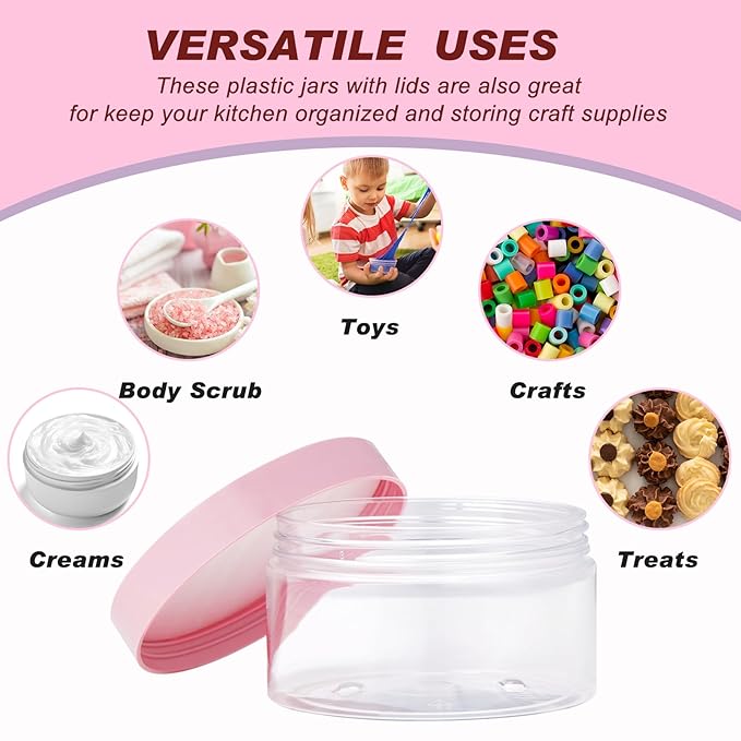 Dandat 24 Pcs 4 oz Plastic Jar Container with Lid and Label Refillable Empty Round Clear with Pink Pet Cosmetic Sample Slime Containers for Lotion, Cream, Ointments, Body Butter, Makeup Travel Storage