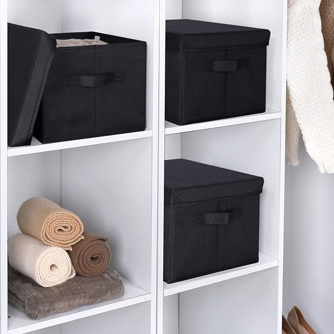WUIKE 3 Pack Large Fabric Storage Bins with Lids, Decorative Storage Boxes with Handles, Storage Baskets for Shelves, Foldable Storage Containers, Closet Organizers for Towels, Clothes, Black