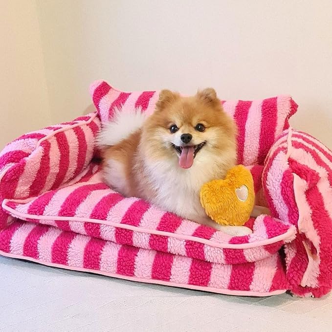 Lazy Holiday Plush Cozy Dog & Cat Sofa Bed, Teddy Velvet Dog Bed, Trendy Striped Faux Lambswool Double Layer Dog & Cat Sofa Bed Dogs Sleeping Mat for Medium Small Dogs & Cats (Beige,M)