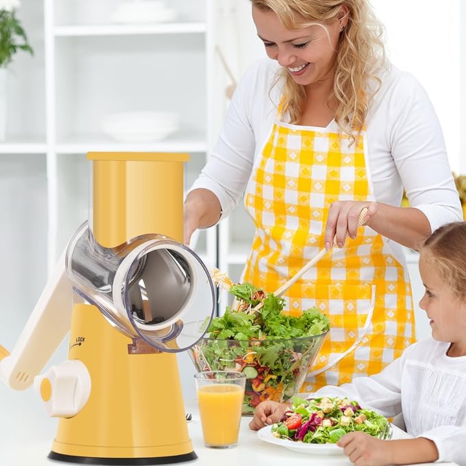 Ourokhome Rotary Cheese Grater Hand Crank, Kitchen Shredder Speed Mandolin Slicer Nut Grinder with Handle and Drum Blades for Cheese, Vegetable, Walnut, Chocolate, Potato, Carrot, 3 Blades, Yellow