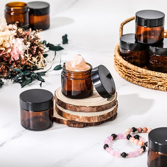 Domensi 32 Pcs 2 oz Glass Jars with Lids Travel Size Round Leakproof Empty Cosmetic Jars with Inner Liners Lid for Storing Makeup Lotions Face Cream Ointments Candle DIY Making (Amber)