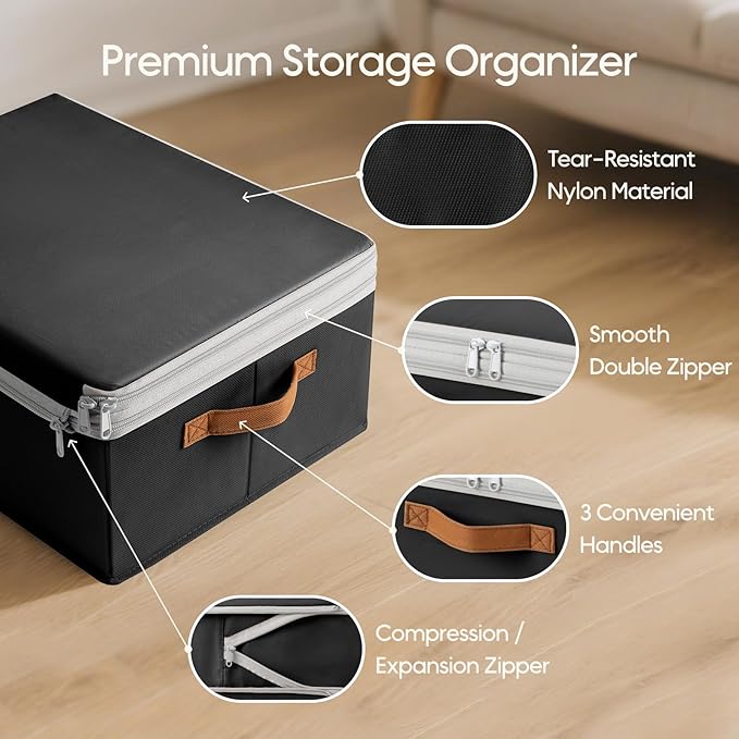 Homosorout Large Closet Storage Bins - Compression Organizer Bins, Stackable Closet Organizer, Expandable Under Bed Storage Containers for Clothes, Towels, Sheet, 2 Pack, Black
