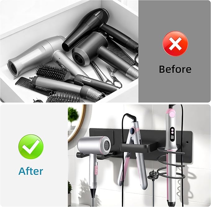Blow Dryer Holder Wall Mount, 3 in 1 Bathroom Hair Tool Organizer with Curling Iron Holder & Flat Iron Holder, Universal Hair Dryer Holder Rack Storage Matte Black