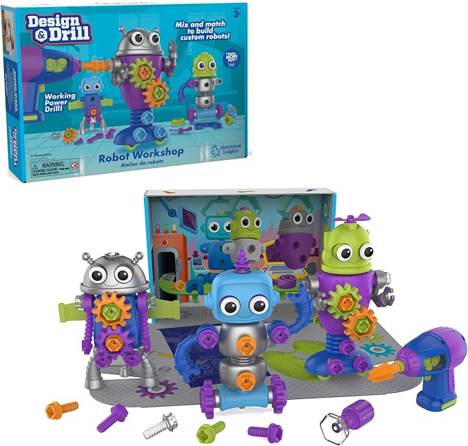 Educational Insights Design & Drill Robot Workshop - Construction Toys & Tools for Kids, Robot Toy Building Sets, Kids' Tool Set with Real Electric Drill Toy, Take Apart STEM Set, Gifts for Ages 3+