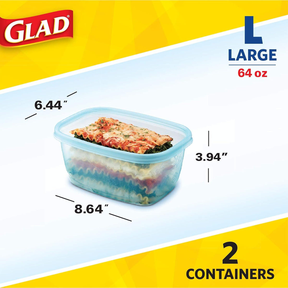 Gladware Freezerware Food Storage Containers, Large Rectangle Holds 64 Ounces of Food, 2 Count Set | Tupperware, Plastic Food Container, Meal Prep Container, Plastic Containers with Lids