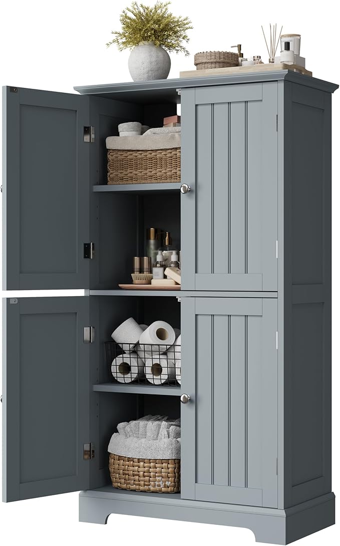 ChooChoo Bathroom Floor Cabinet, Modern Bathroom Storage Cabinet with 4 Doors and Adjustable Shelves, Freestanding Cupboard for Living Room, Grey