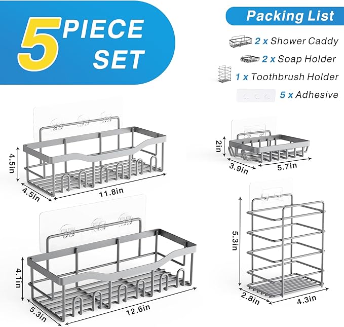 Shower Caddy 5 Pack,Adhesive Shower Organizer for Bathroom Storage&Home Decor&Kitchen,No Drilling,Large Capacity,Rustproof Stainless Steel Bathroom Organizer,Shower Shelves for Inside Shower-Larger